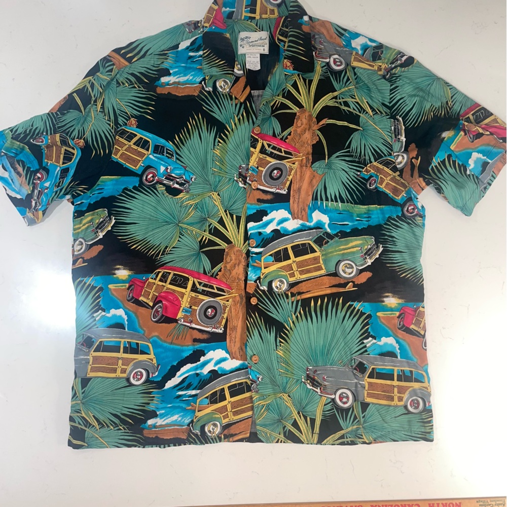 Vintage Diamond Head Mens Large Aloha Hawaiian Shirt Black Woody Cars Ocean
